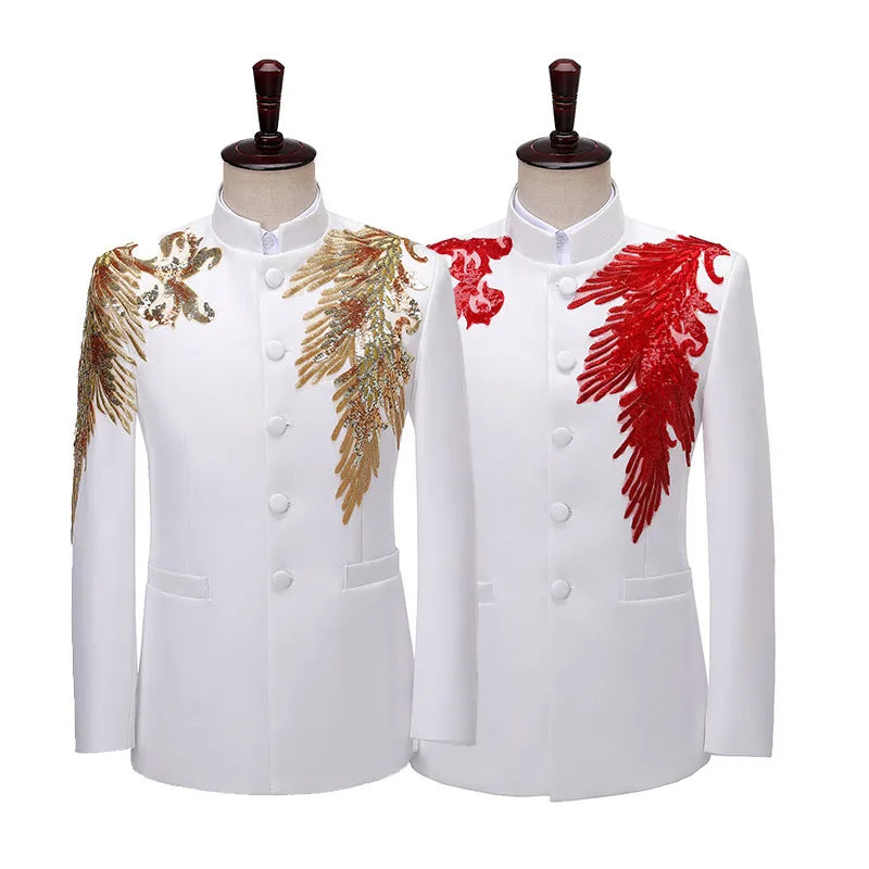 New Chinese Style Men's Fashion Stage Choir Performance Suit Stand Collar Tang Suit Jacket Pant 2 Pieces Youth Suit Set