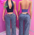 Spring Summer Casual Washed Trousers Jeans Lady Streetwear Beading Rhinestone Shiny Straight Denim Jeans Women'S Jeans