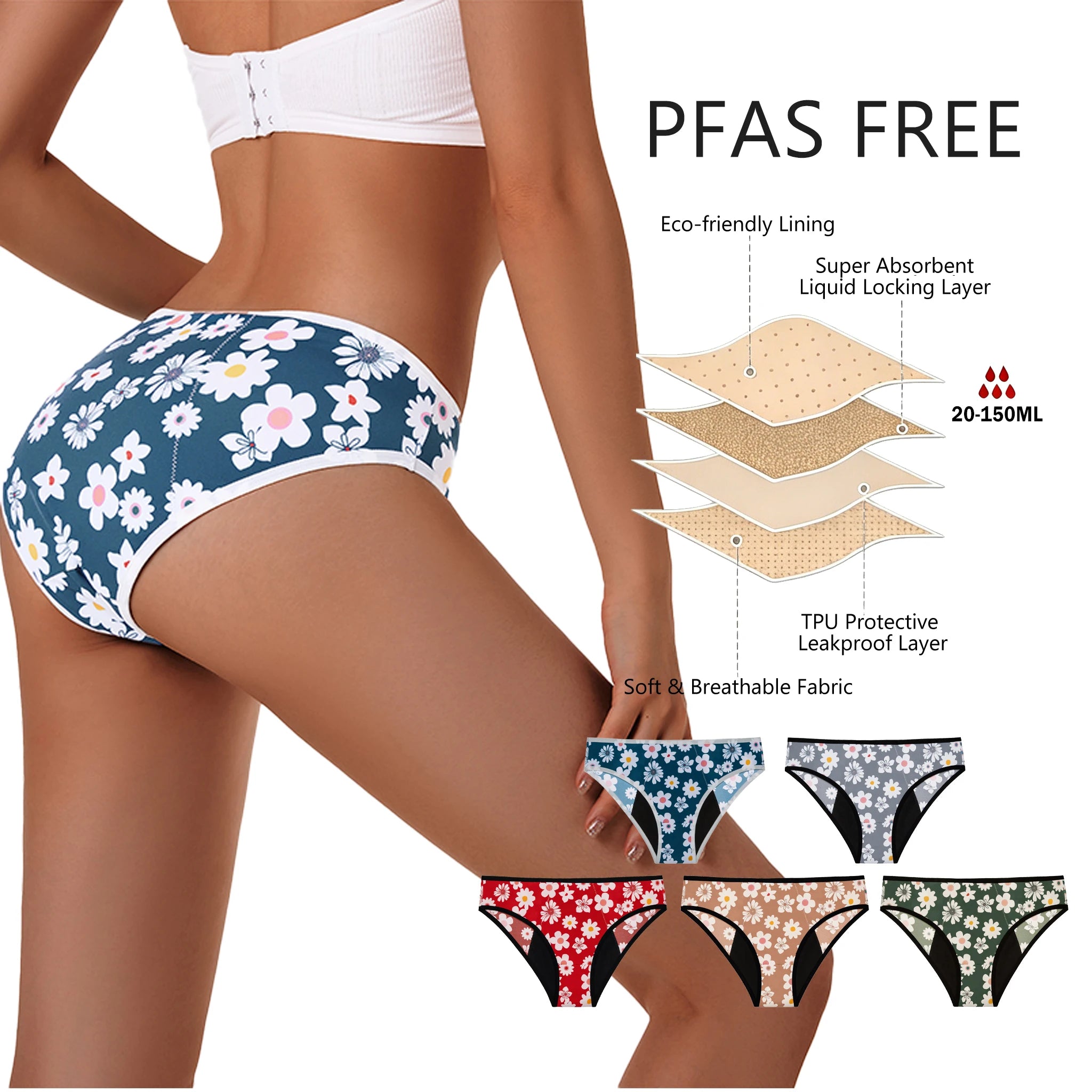 Shanhao OEM Women's PFAS-free 4-Layer Medium Flow Menstrual Panties Leakproof Panties Performance Bio Based Period Underwear