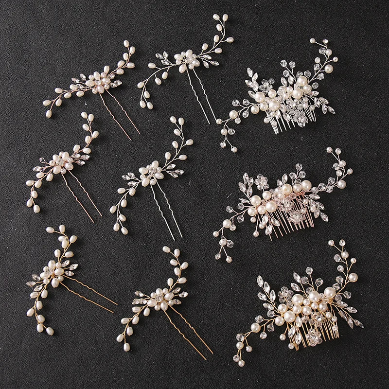 SLBRIDAL Handmade 3 Colors Rhinestones Crystal Pearls Bridal Hair Comb Hair Pin Set Women Bridesmaids Hair Jewelry Accessories