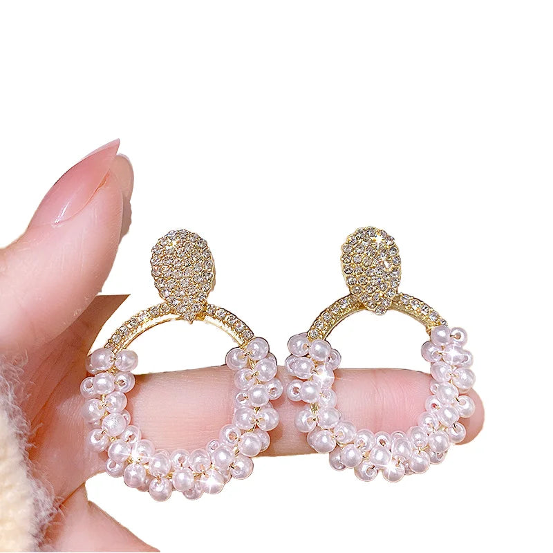 HOVANCI S925 Silver Needle Baroque Drop Earrings 7 Shiny Micro Paved Rhinestone Crystal Big Circle Pearl for Weddings