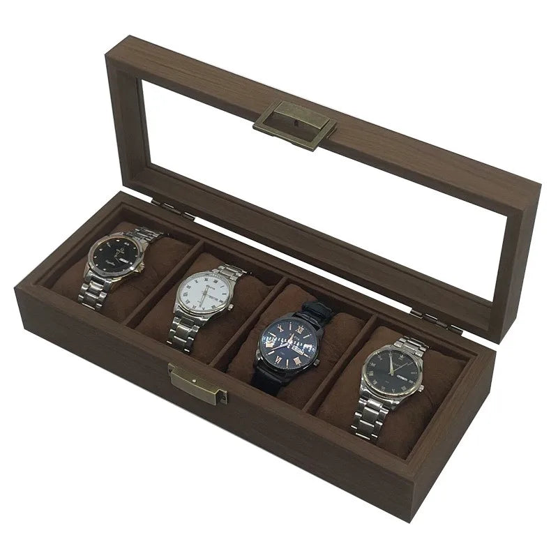 New Design Retro Wood Brown Interior 4 Slot Jewelry Watch Bracelets Display Case Box