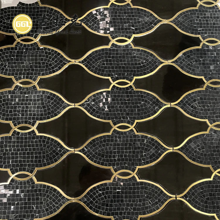 Black Marble Mosaic Tile Nero Marquino  Mix Gold Brass Mosaic Tile