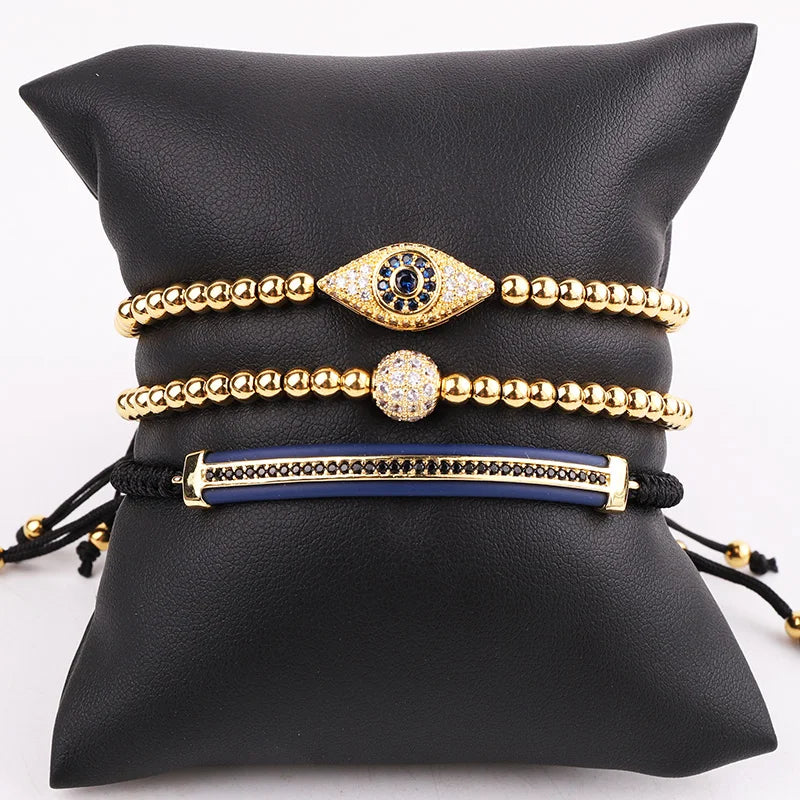 High Quality Classic Design Luxury CZ Pave Eye Charm Stainless Steel Beads Braided Custom Logo Macrame Bracelet Men