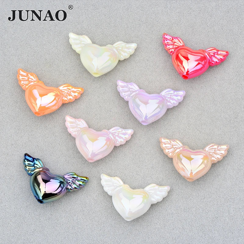 JUNAO Superior Quality 22*35mm Resin Angle Love Rhinestones Wholesale Heart Beads 100pcs Sew on Cabochon DIY Bracelet Necklace