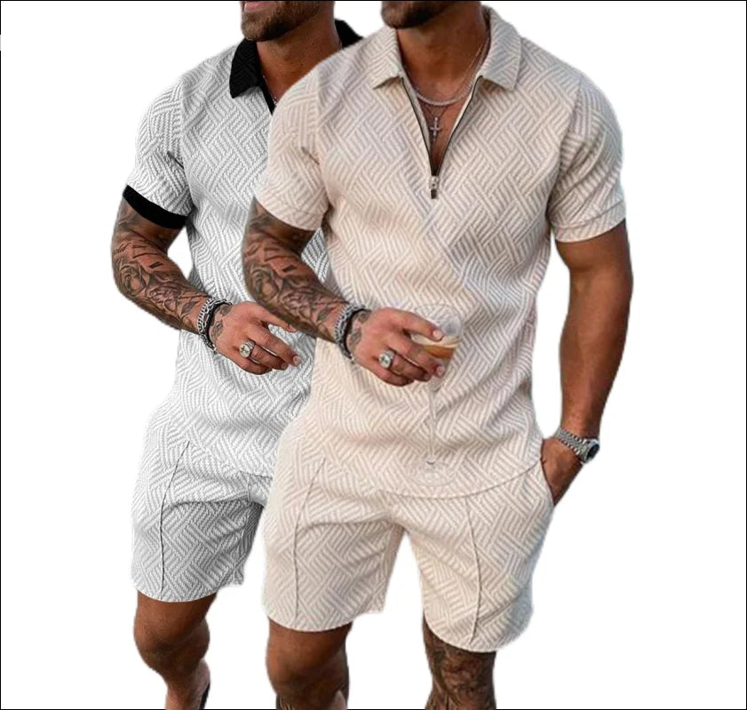 S-5XL Summer New Large Size Men's Casual Color Contrast POLO Zipper Lapel Shirt Short-sleeved Shorts Suit