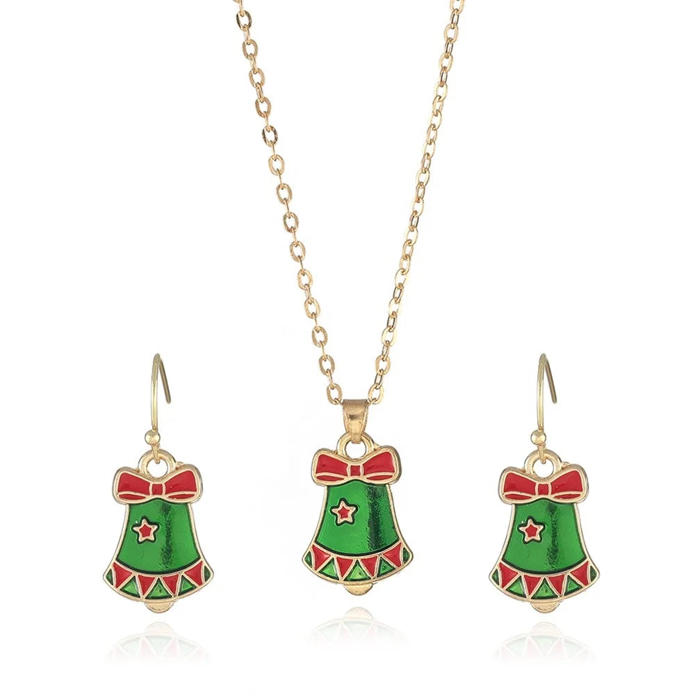 Stylish Girls' Gold Plated Fashion Jewelry Set Christmas Bell Design Enameled Zinc Alloy Trendy Wedding Engagement Accessories MegaBDM