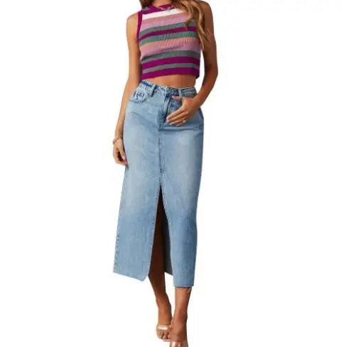2024 New Split Denim Skirt High Waist Washed European and American Style A- Line Skirt Mid-length Skirt for Women