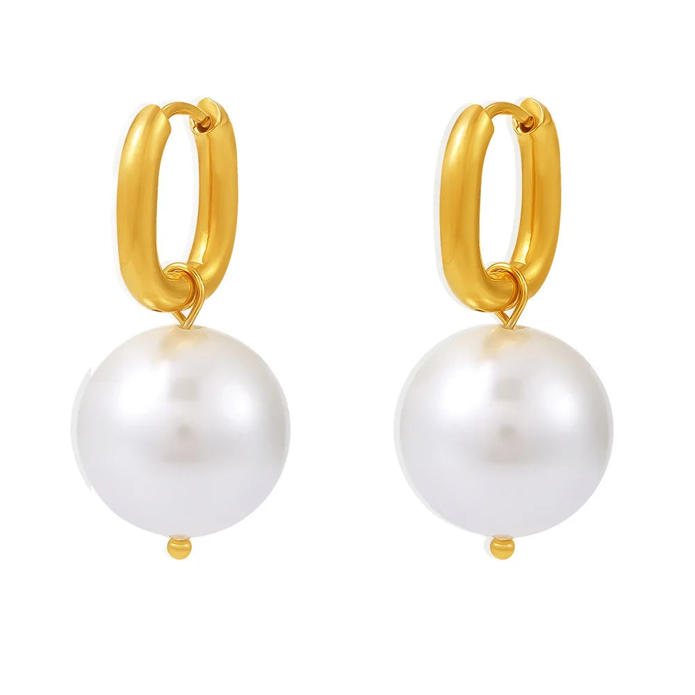 Fashionable Stainless Steel 18k Gold Plated U Shaped Waterproof Jewelry Imitation Pearl Pendant Earrings YF6061