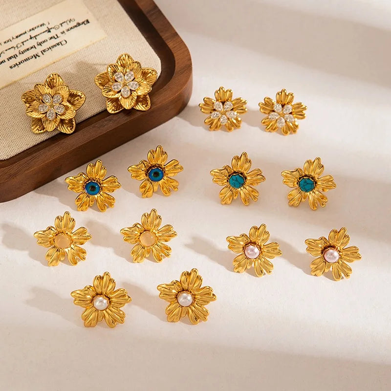 French Vintage Style 18K Gold Plated Waterproof Irregular Texture Flower Stainless Steel Stud Earring Set
