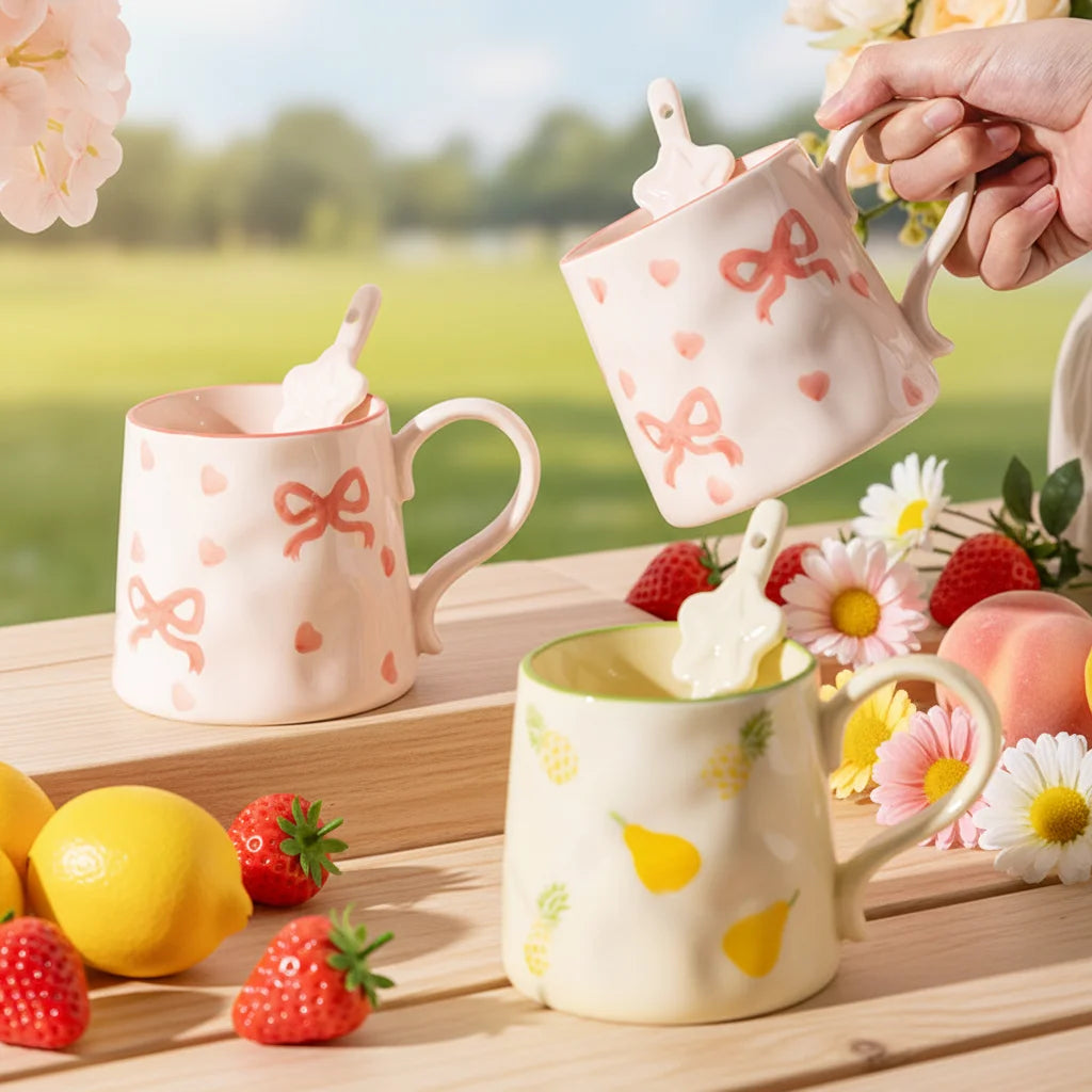 Hand Pinched Irregular Ceramic Mug with Cute Cartoon Pattern Microwave Safe for Coffee & Tea for Business Gifts