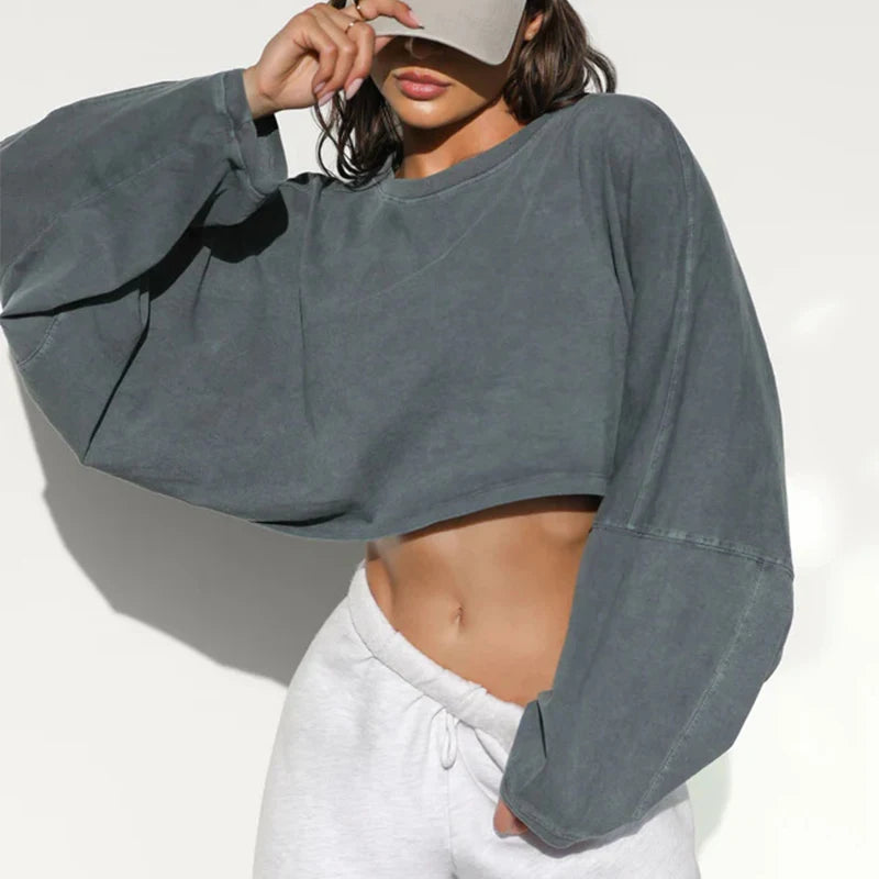 Women's Acid Wash Cotton Fleece Breathable Gym Sweatshirt Oversized Regular Crew Neck Fitness Streetwear Autumn Featuring Front
