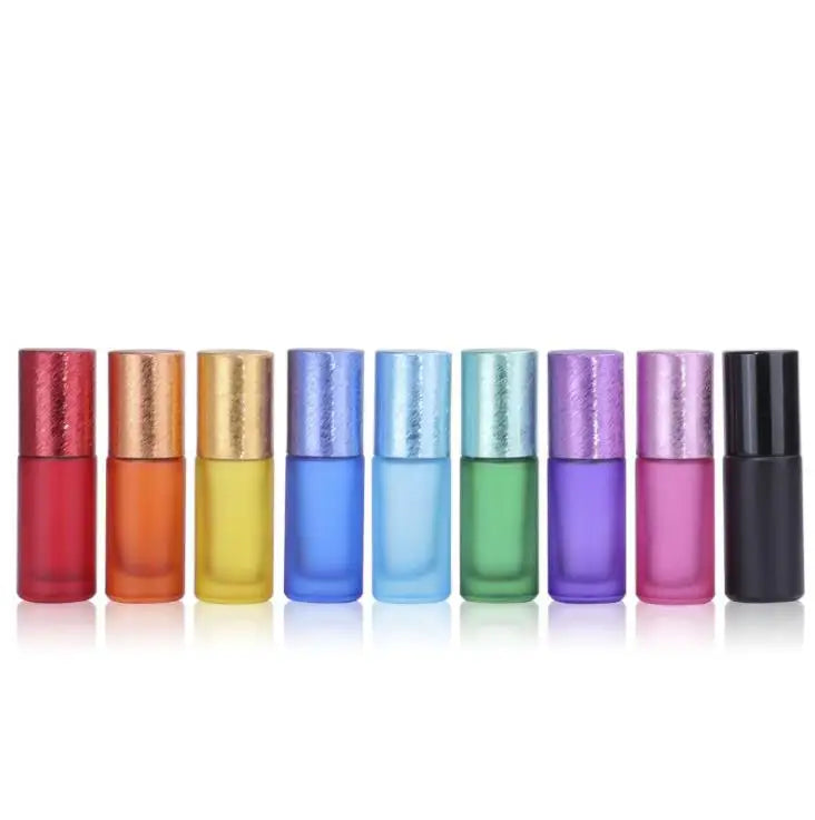 In Stock5ml 10ml rainbow Color Frosted Glass Roller Bottles With Brushed Aluminium Cap and Steel Roller