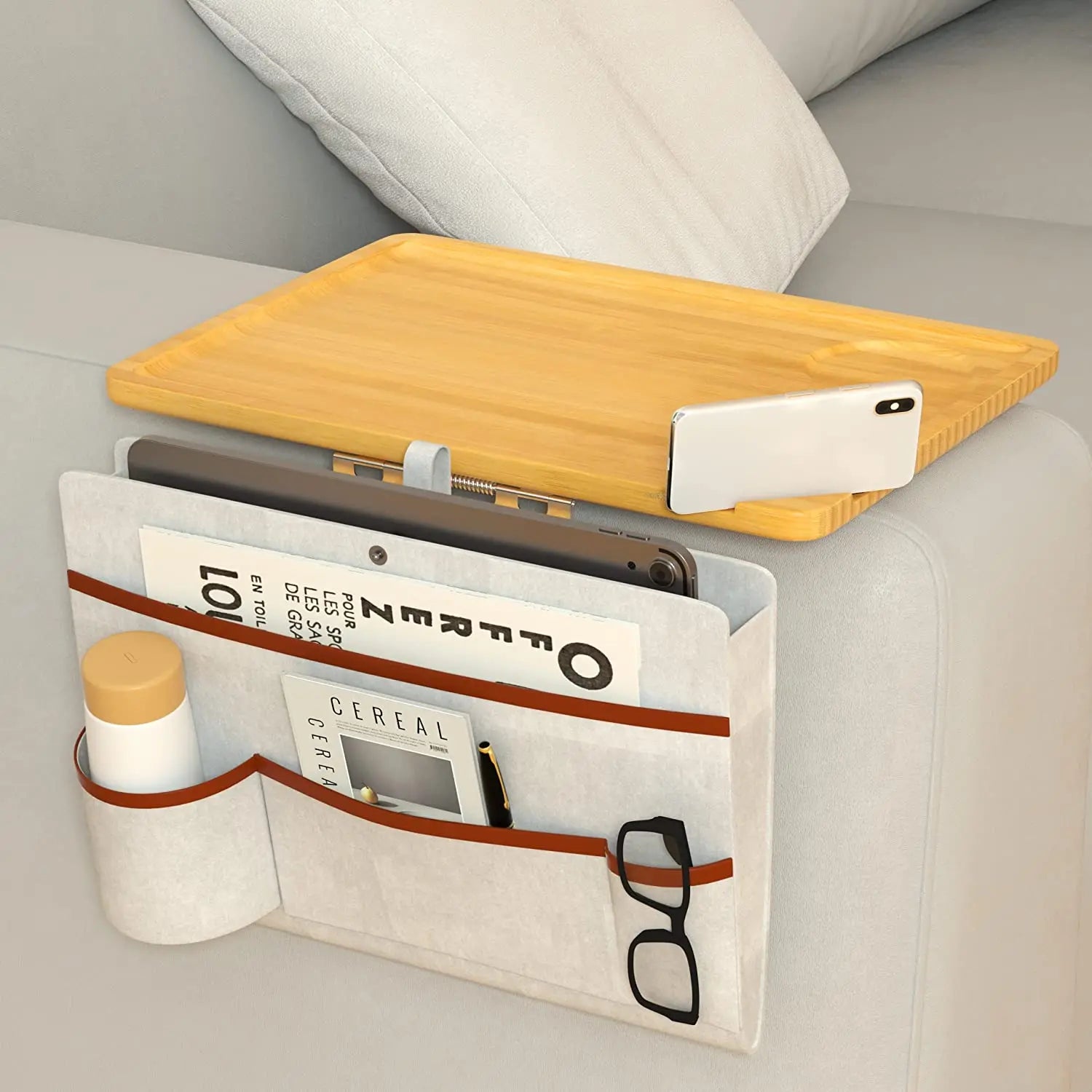 Bamboo Sofa Tray Table Clip on Couch Armrest with Remote Controls Place Couch Tray for Arm Sofa Table and Drinks Snacks