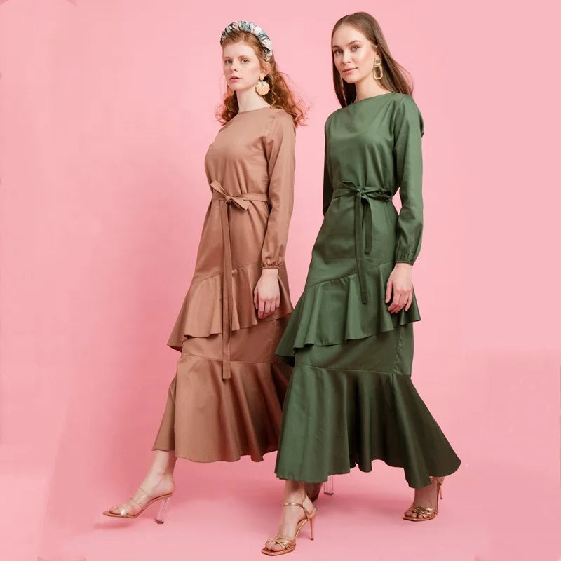 MOTIVE FORCE 2024 Hot Sale New Women's Islamic Dress Pure Color Cake Skirt Arab Muslim Dress