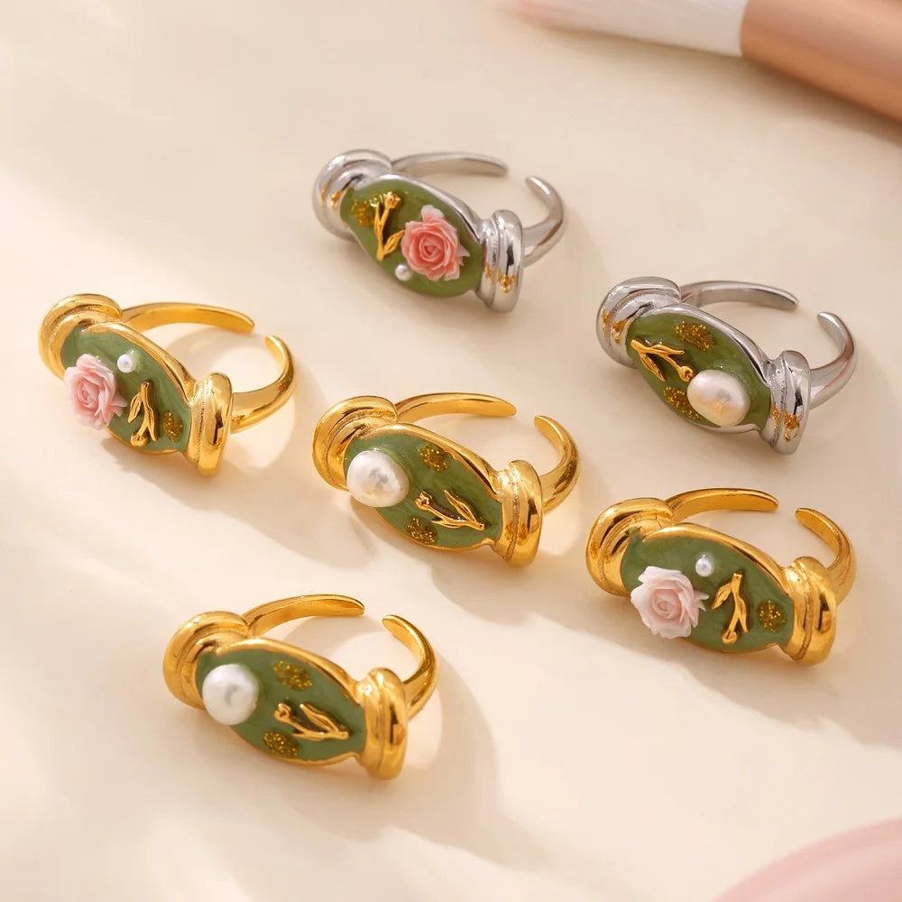 Baroque Pearl Enamel Glaze Flower Oil Painting Series Ring Niche Design PVD 18K Gold Plated Stainless Steel Ring Wholesale