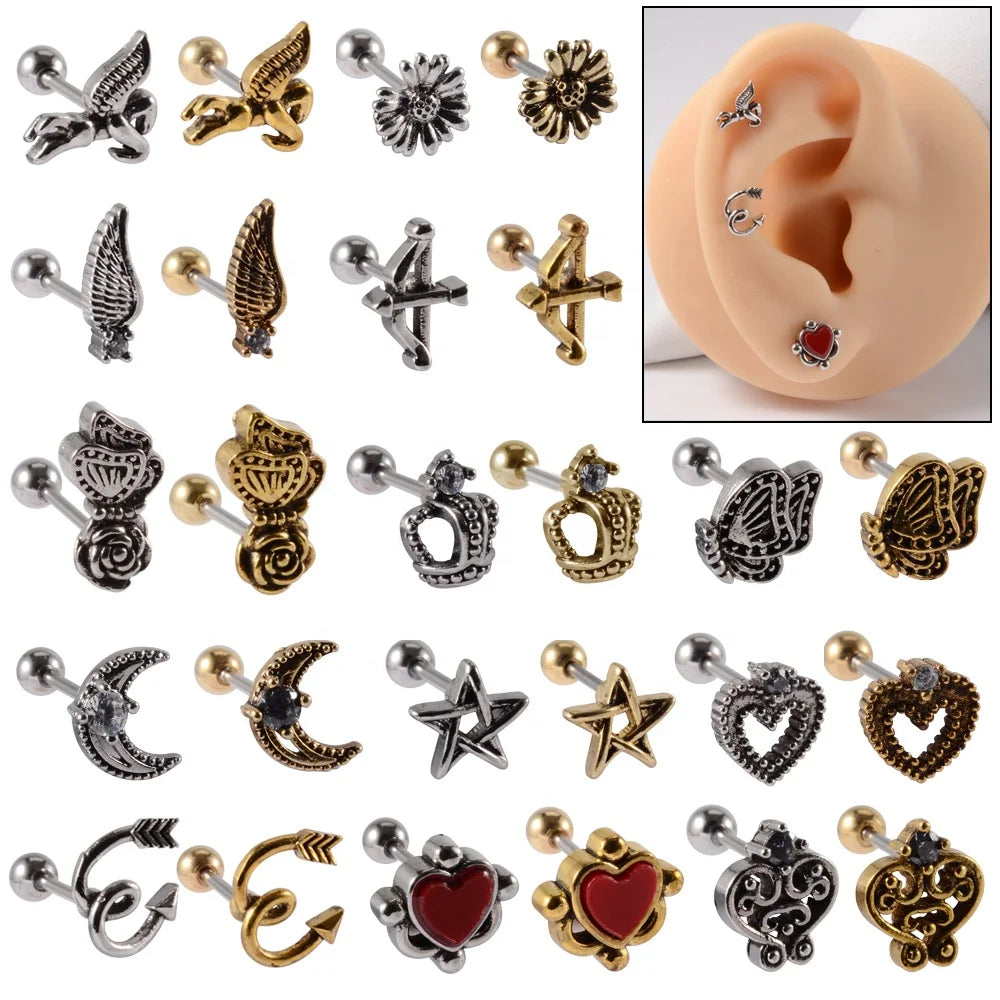 Antique Silver Plated 20G Stainless Steel Cartilage Earrings Vintage Earlobe Helix Screw Back Stud Piercing Diamond Pearl