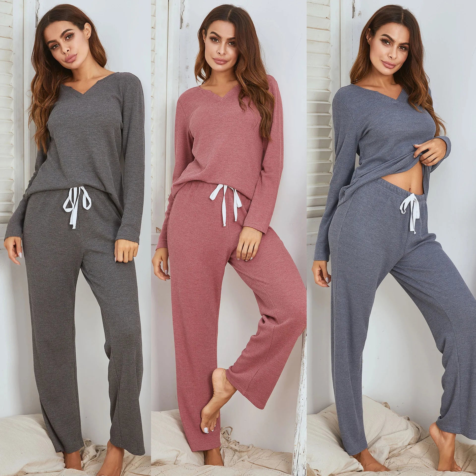 Women's Waffle Knit Pajama Set - Long Sleeve Top & Pants Soft Breathable Loungewear for Home Sleep & Relaxation