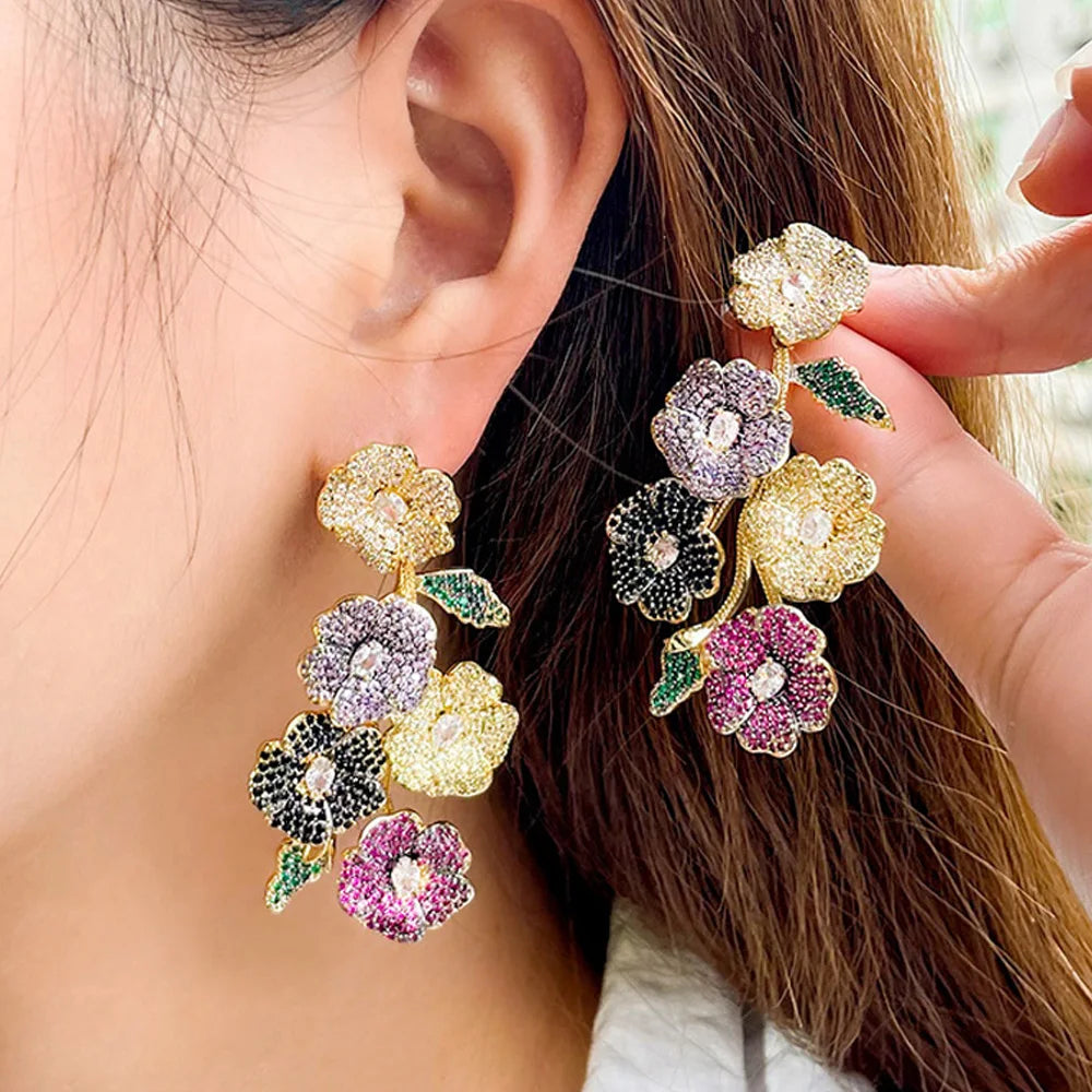 Micro Inlaid Colorful Cubic Zircon Wedding Bridal Jewelry 3D Luxury Statement Big Long Flowers Ear Drop Earrings for Women Party