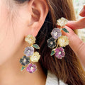 Micro Inlaid Colorful Cubic Zircon Wedding Bridal Jewelry 3D Luxury Statement Big Long Flowers Ear Drop Earrings for Women Party