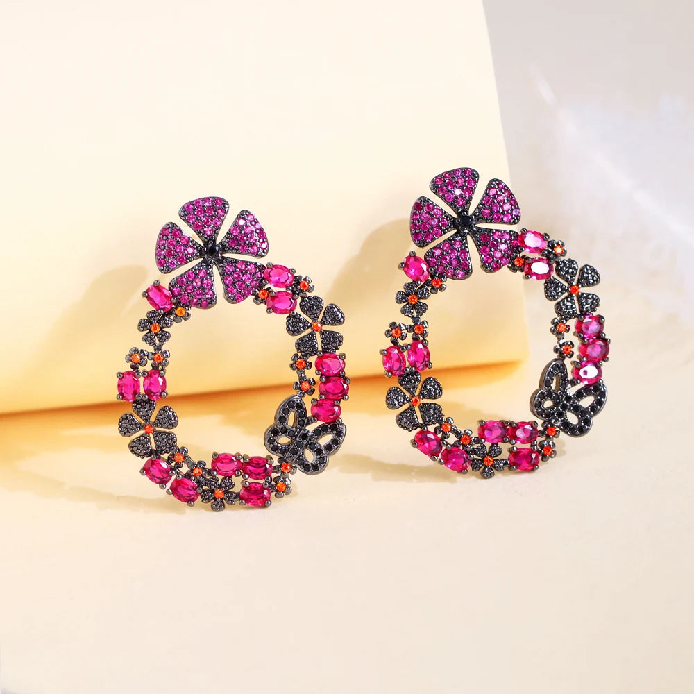 High Quality Red Zircon Flower Ornament Christmas Earrings Stud Drop Xmas Jewelry Accessories Gift for Women Girls Holiday Party