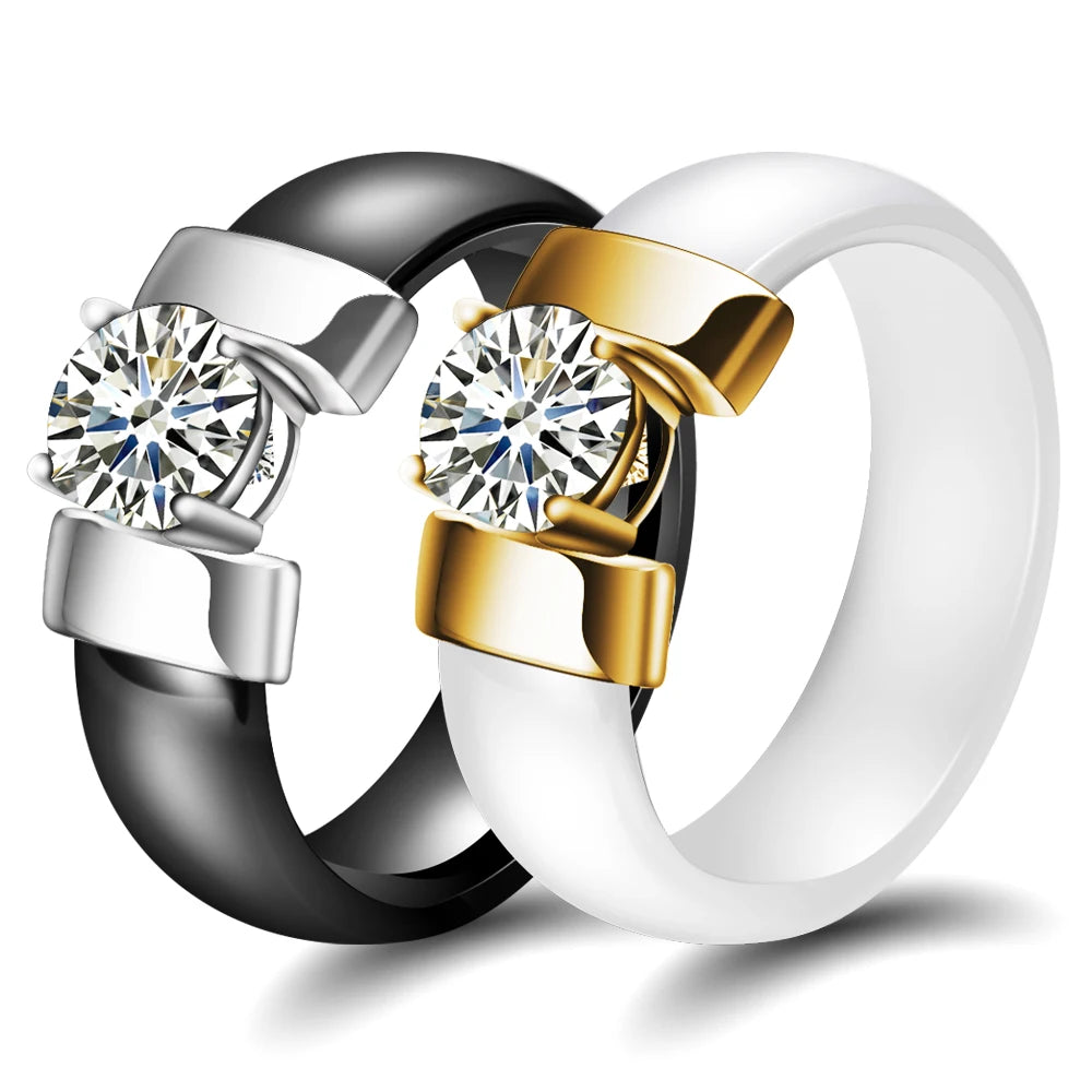 6mm White Black Ceramic Channel Rings Plus Cubic Zirconia Engagement Ceramic Wedding Rings Jewelry Women