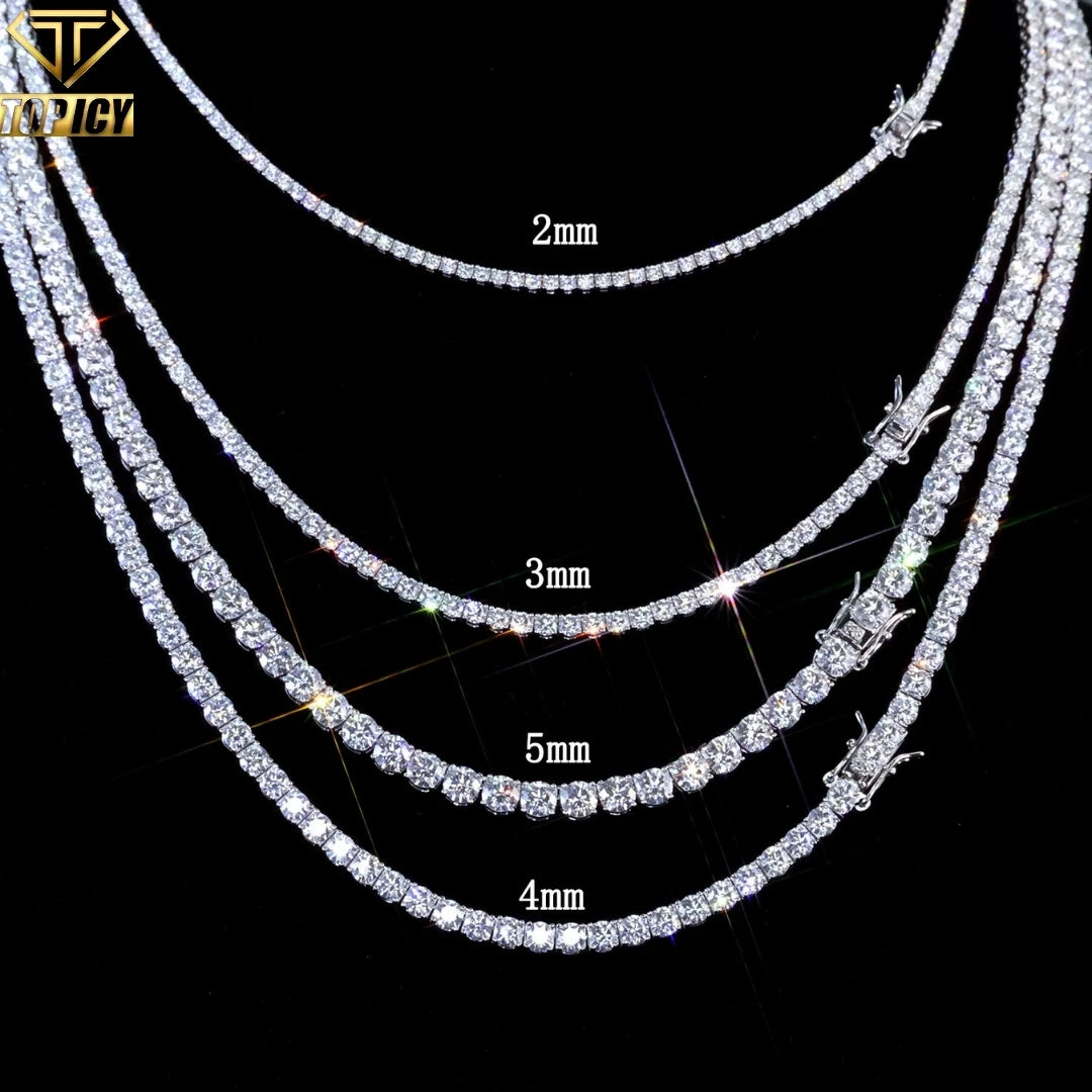Hip Hop 925 Sterling Silver With Moissanite Tennis Chain 3mm 4mm 5mm Iced Out Tennis Chain Necklace Bracelet Jewelry