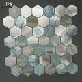 Aquamarine Blue Color Hexagon Shape Backsplash Wall Tile Self Adhesive Glass Mix With Aluminum Tiles Mosaic Peel and Stick Mosai