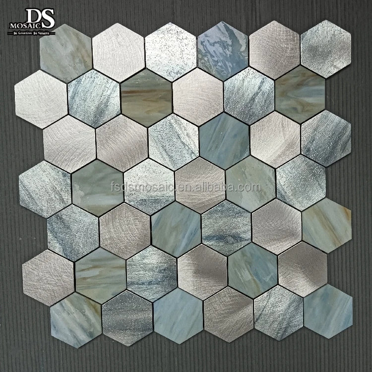 Aquamarine Blue Color Hexagon Shape Backsplash Wall Tile Self Adhesive Glass Mix With Aluminum Tiles Mosaic Peel and Stick Mosai