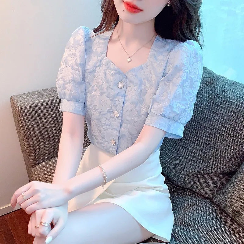 Women Tops Summer Short Sleeve V-Neck Blouse Women Blusas Mujer De Moda 2025 Verano Lace Blouses Femme Shirts 8504#