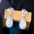 Gorgeous Leaf Shape Shiny Cubic Zircon Stone Long Water Drop Earrings for Women Wedding Bridal Party Jewelry Accessory
