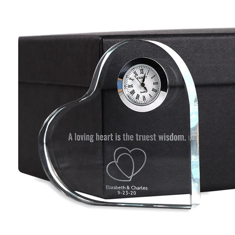 Unique Design Customize Crystal Clock Souvenir Heart Shape Decoration Clock Clear Glass Wedding Favors Gifts for Guests CWG-01E