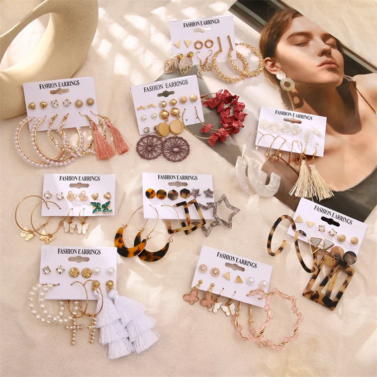 Vintage Acrylic Flower Geometric Leopard Stud Earring Set Fashion Tassel Butterfly Alloy Circle Dangle Pearl Earrings Brincos