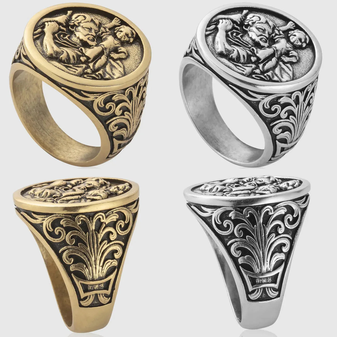 Hip Hop Signet Ring Catholic Round Metal Gold Silver Jewelry Popular Stainless Steel St Christopher Rings Men