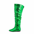 European Winter Women's Over-the-Knee Wide Calf Snake Metallic PU Slouch Flat Heel Sexy Point Toe Ladies Thigh High Western