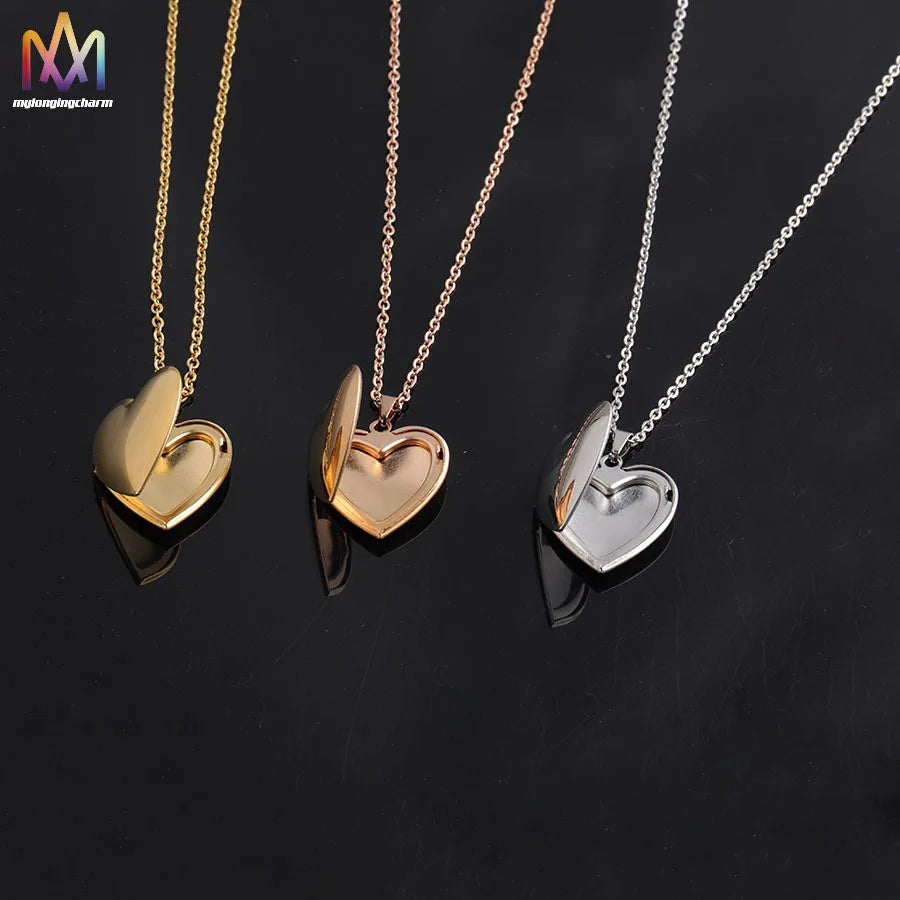 Stainless Steel Jewelry Open Blank Heart Locket Necklace Diy Hidden Photo Necklace for Women Gift