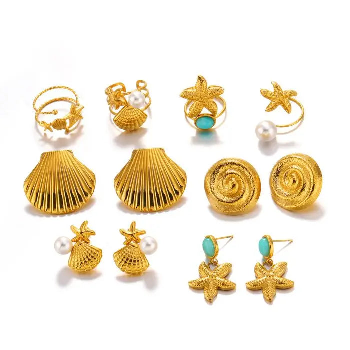 New Gold Plated Stainless Steel Statement Earrings Ring Set Fashion Stud Pearl Turquoise Spiral Starfish Shell Stylish Jewelry