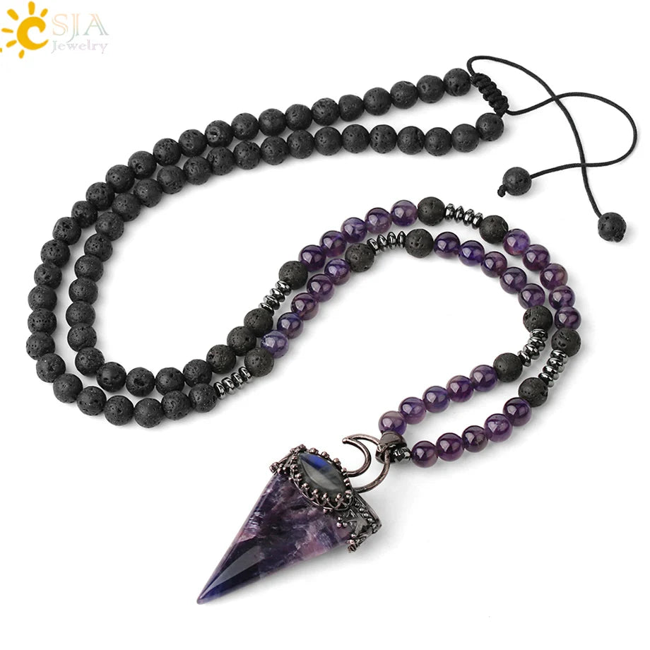 CSJA Natural 6mm Pink Quartz Bead Stone Lava Rock Long Necklace Sweater Chain with Triangle Pendants G427