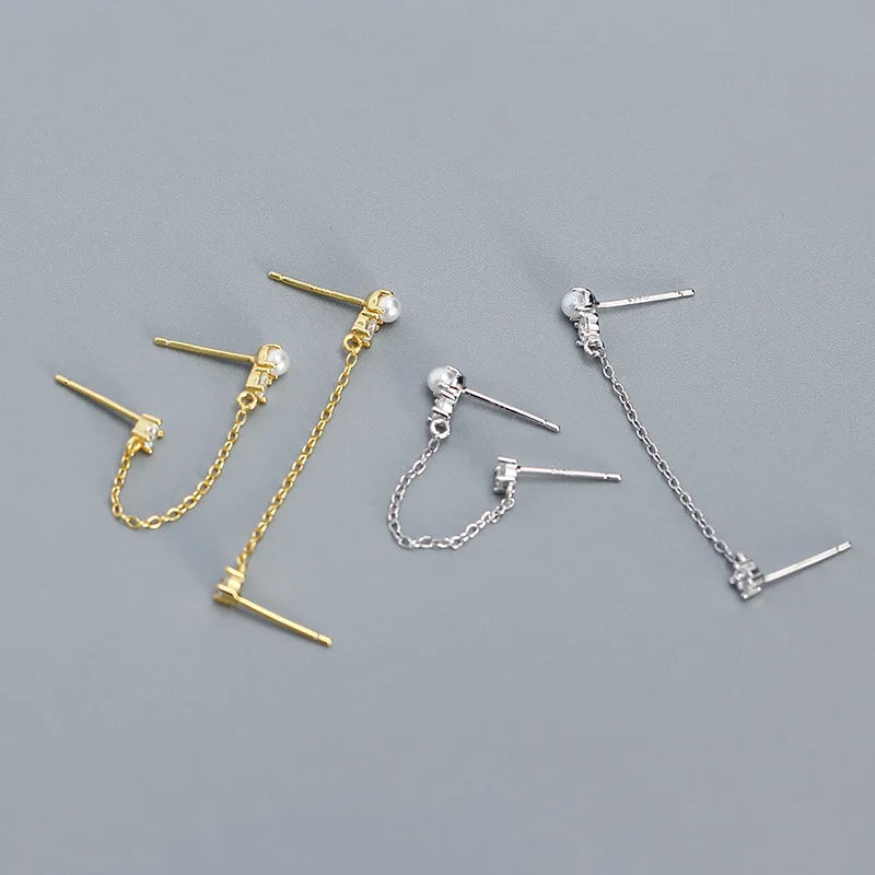 Wholesale Fashion Jewelry 925 Sterling Silver Long Tassel Chain Small Pearl Zircon Gold Plated Stud Earring Jewelry for Women
