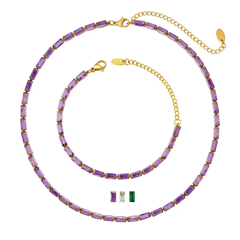 Summer Luxury Women's 18K Gold Tennis Bracelet Necklace Set CZ Pave Stone Green Purple Full Zircon Fashion Pendant Necklaces