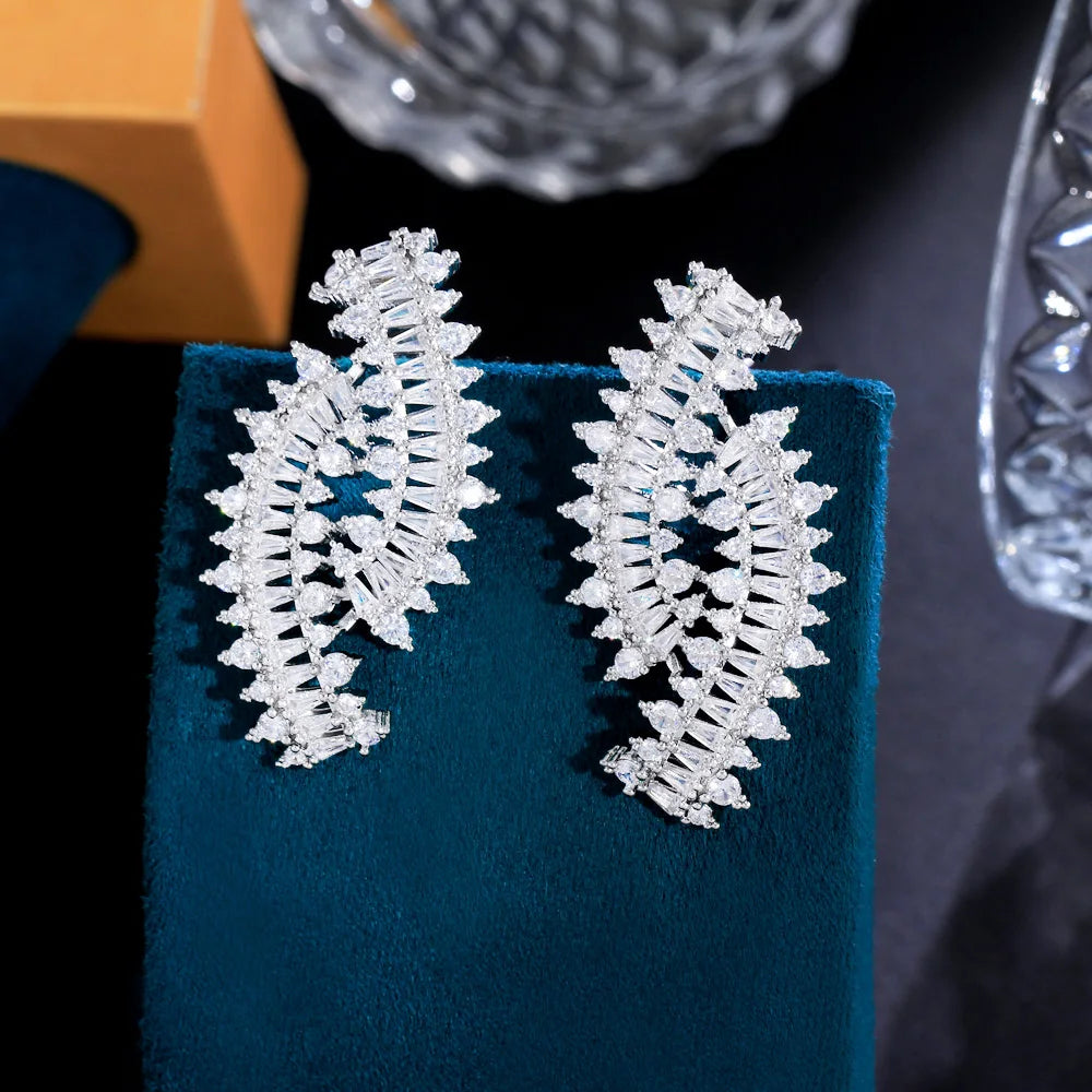 Popular High-end Symmetrical Dangle Bridal Earrings Double Sided Twist Luxury Wedding Dress Shiny CZ Crystal Korean Jewelry