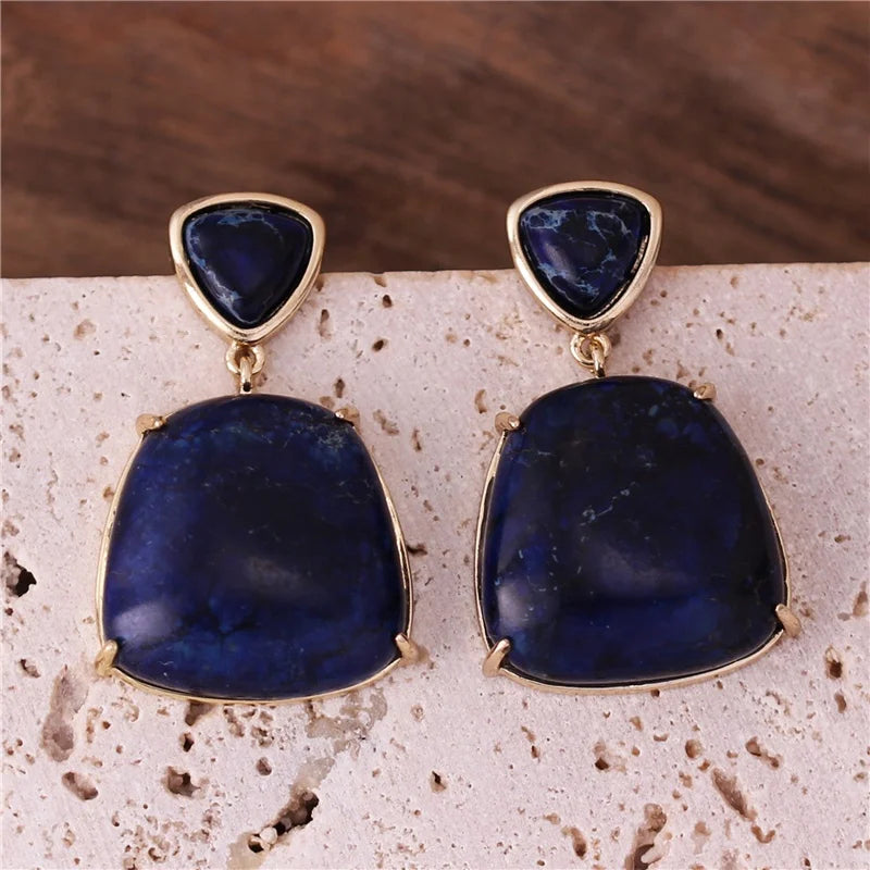 Popular Jewelry Geometric Navy Blue Imperial Jasper Stud Earrings Boho Natural Stone 18k Gold Dangle Earrings Elegant Jewelry Bijoux Wholesale