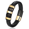 Multilayer Wrap Braided Wristband Gold Black Genuine Leather Bracelet Mens Jewelry With Stainless Steel Magnetic Clasp OT-024