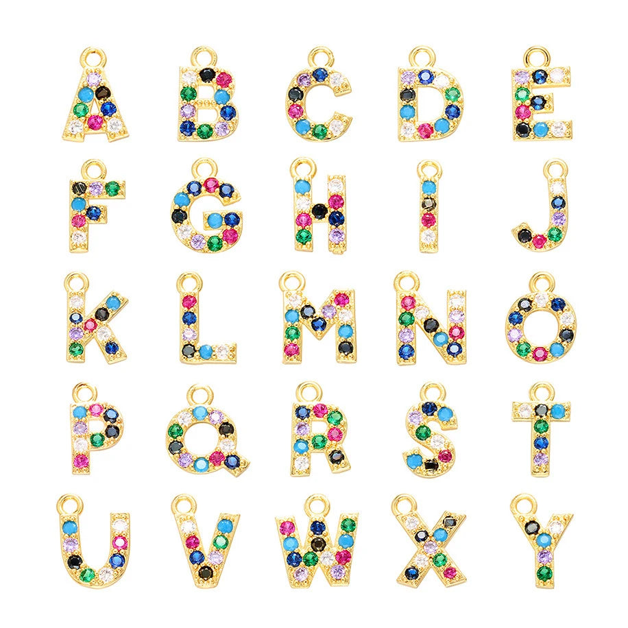 10 Colorful Zircon Slide Alphabet Charm Small 14K Gold Plated Brass Princess Cut Children's