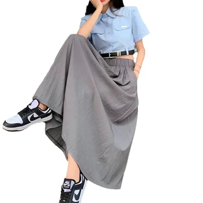 Lazy Style Yamamoto Female Summer Day Vintage Skirt Texture Pleated Skirt High Waist All Matching MIDI Skirt