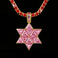 Sparkling Pink Trillion Cut Zircon Embedded Gold Plated Daily Wear Religious Jewelry Brass Star of David Charm Pendant for Women