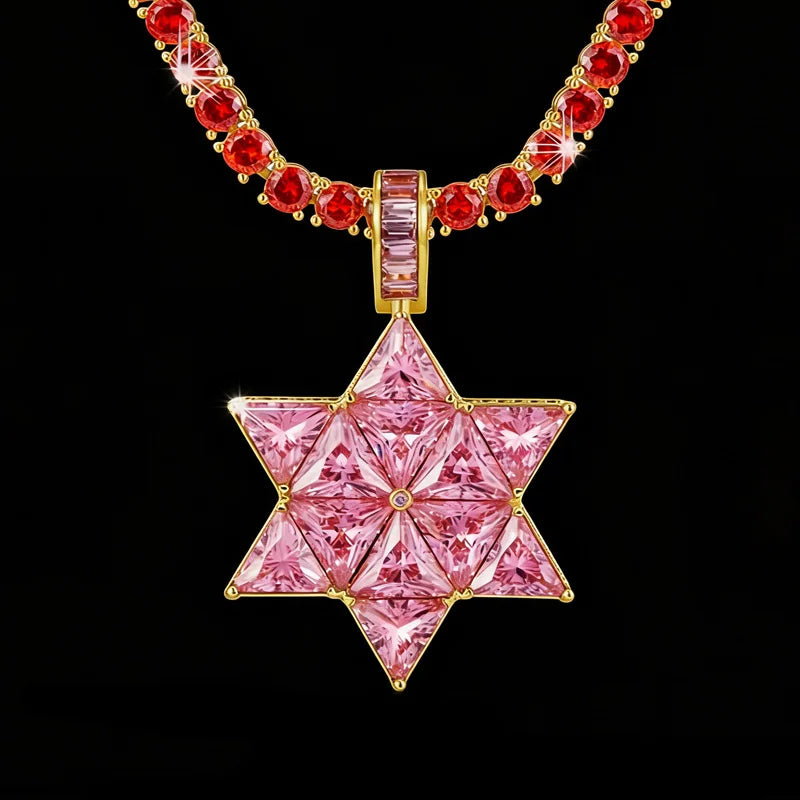 Sparkling Pink Trillion Cut Zircon Embedded Gold Plated Daily Wear Religious Jewelry Brass Star of David Charm Pendant for Women