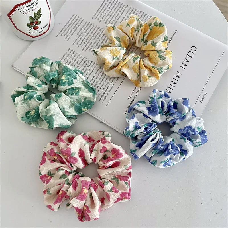 MIO Summer Flower Pattern Elastic Girls Rubber Band Floral Printed Hair Scrunchies Big Size for Lady Yellow Hair Ties