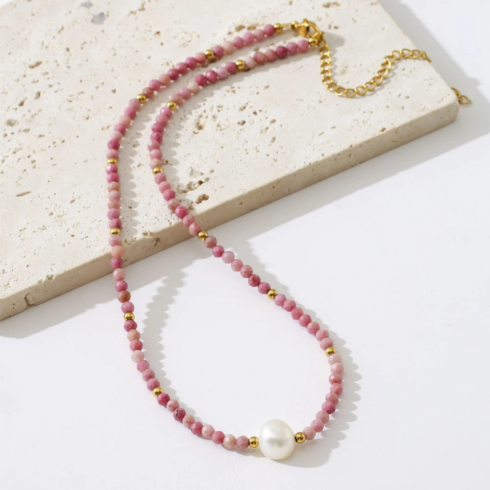 Natural Stone pink Bead Chain Necklaces Jewelry for Women Fashion Energy Stone Stainless Steel No Fade Statement Necklace