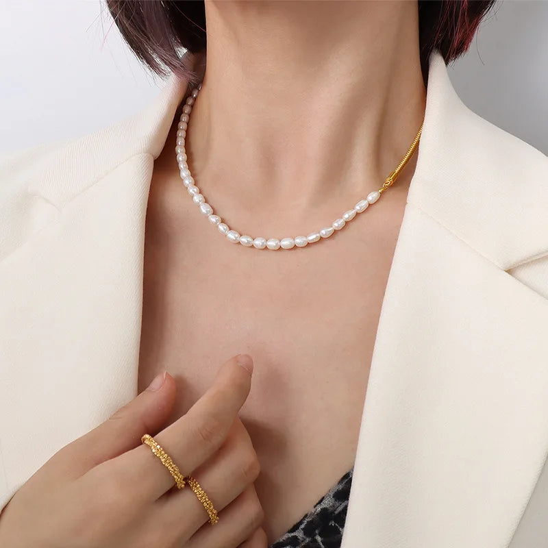 Custom Logo Stainless Steel Dainty Jewelry Mama Necklace Asymmetry Half Snake Chain Fresh Water Pearl Necklace